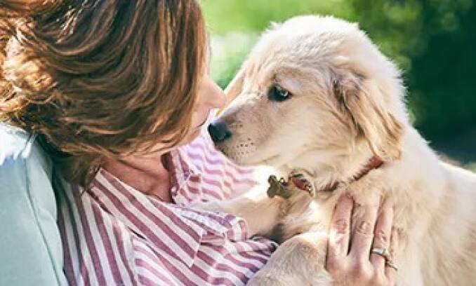一名女子懷裡抱著一隻黃金獵犬幼犬